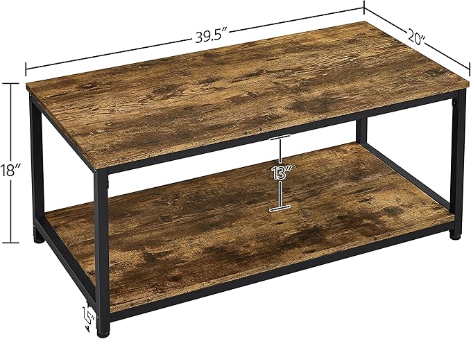 Yaheetech 2-Tier Coffee Table, Industrial Wood Coffee Table with Storage Shelf for Living Room, Rectangle Side End Table with Metal Frame, Rustic Brown