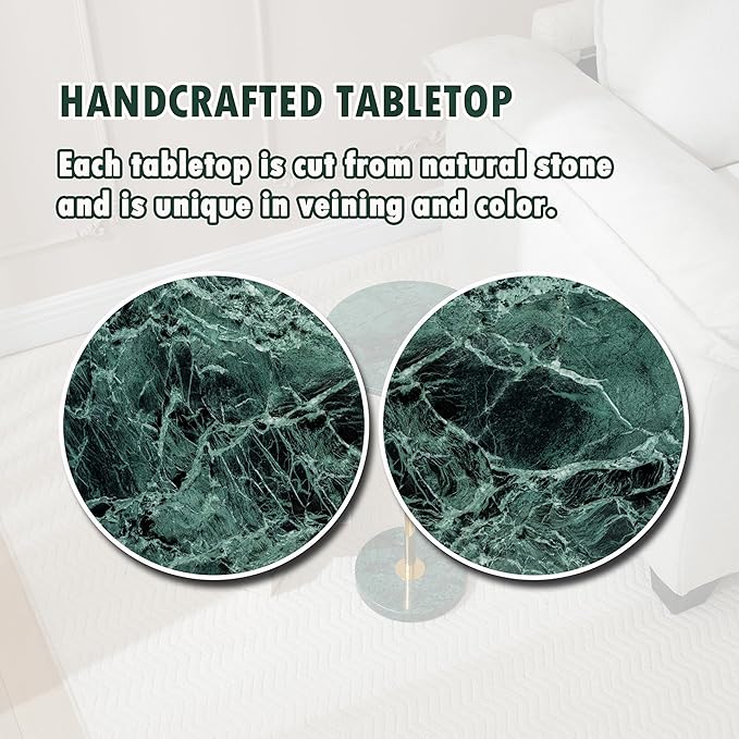 Φ9.8-inch Marble Round Drink Table, Stone Finish Pedestal End Table for Living Room, Weighted Base Small Accent Side Table for Small Space - Emerald Green