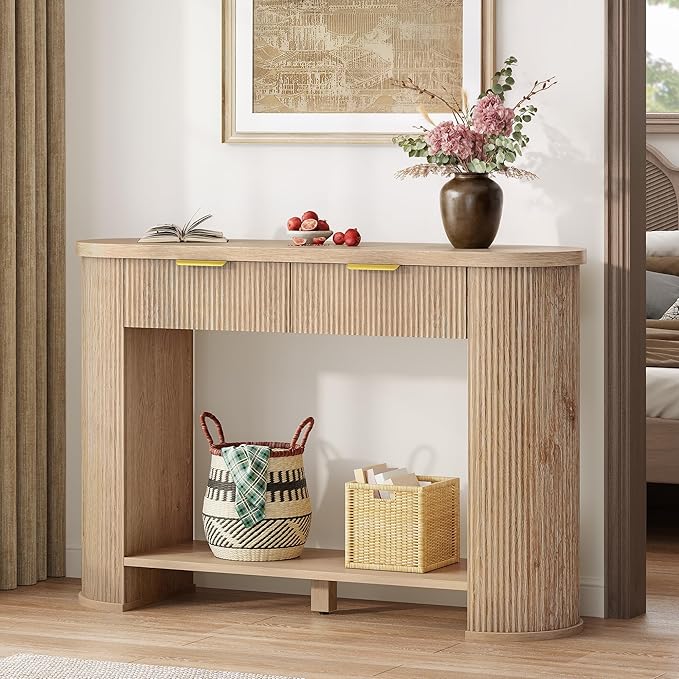 YITAHOME 47.2" Farmhouse Console Table for Entryway, Entry Hallway Foyer Table with 2 Drawers and Storage Shelf, Large Sofa Behind Couch Fluted Oval Desk for Hallway Living Room, Oak Color