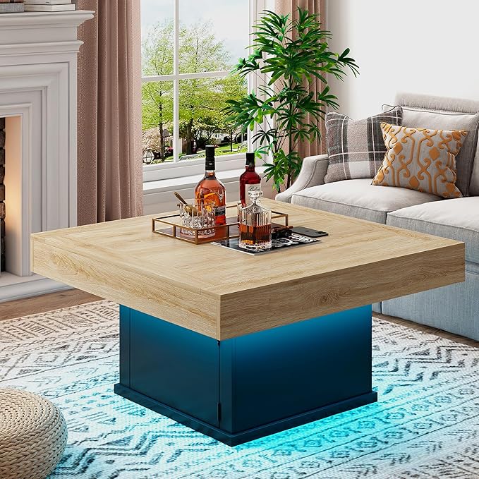 LED Coffee Tables for Living Room, Farmhouse Wood Coffee Table, 33.5" Square Coffee Table with Storage, Large Vintage Brown Center Table, Living Room Tables Cocktail Table (Natural)