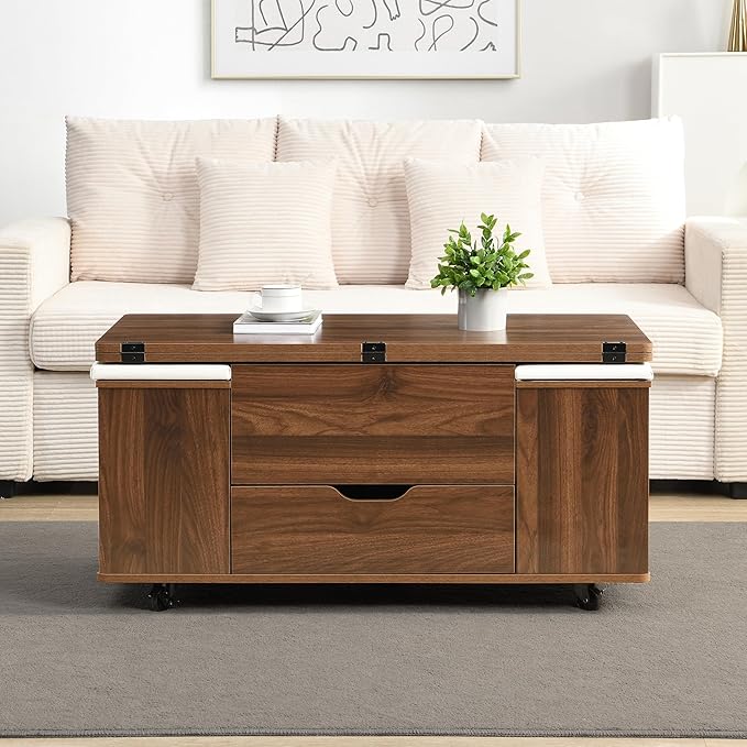 Merax Multi-Functional Lift-Top Coffee Table with Hidden Storage and Stools,Multi-Function Modern Center Table with 4 Stools and Casters,Perfect for Modern Living Spaces, Walnut & White