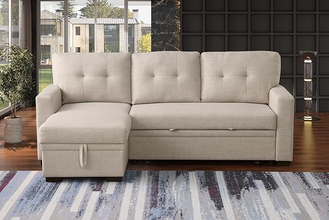 Devion Furniture Meridian 4-in-1 Convertible L Shaped Couch with Pull Out Bed and Storage, Sectional Sleeper Sofa with Reversible Chaise for Living Room, Apartment, Bedroom, Office