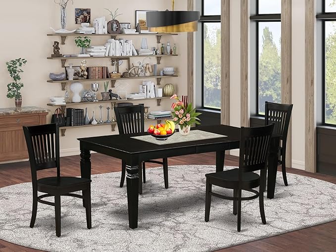 East West Furniture LGVA5-BLK-W 5 Piece Kitchen Table & Chairs Set Includes a Rectangle Dining Room Table with Butterfly Leaf and 4 Solid Wood Seat Chairs, 42x84 Inch, Black