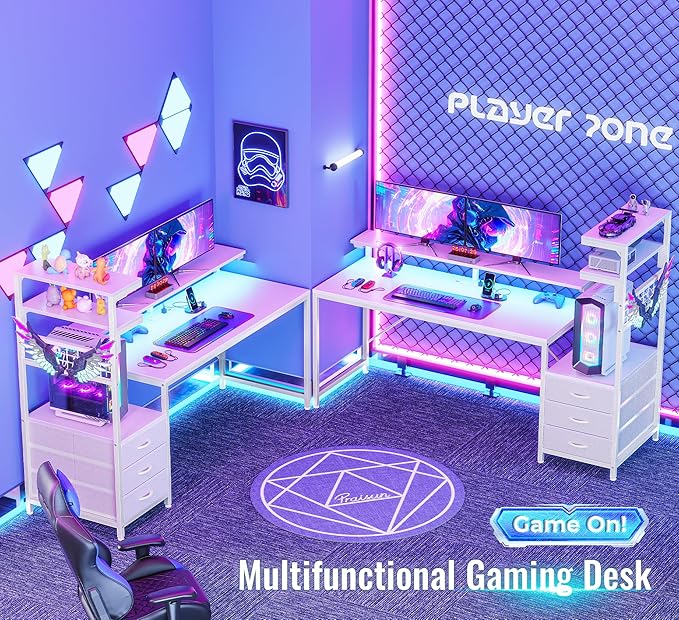 PRAISUN 61.7" Gaming Desk with LED Lights & Outlets, Computer Desk with 3 Fabric Drawers, PC Desk with PC Case Stand & Movable Storage Shelves, Monitor Stand, Reversible, White