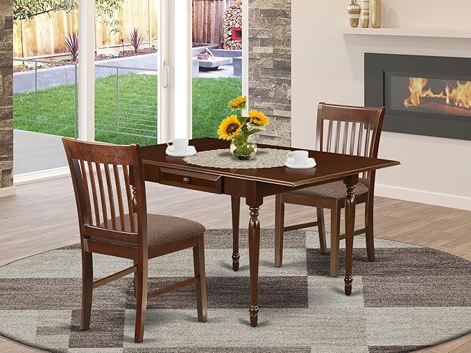 East West Furniture MZNO3-MAH-C 3 Piece Dinette Set for Small Spaces Contains a Rectangle Dining Table with Dropleaf and 2 Linen Fabric Dining Room Chairs, 36x54 Inch, Mahogany