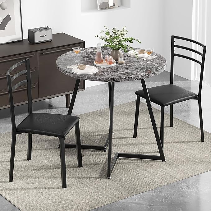 VECELO Small Round Dining Table Set for 2, Wood Tabletop with Strong Metal Frame, Modern Dinette with Chairs for Kitchen, Breakfast Nook Living Room, Faux Marbled & Grey