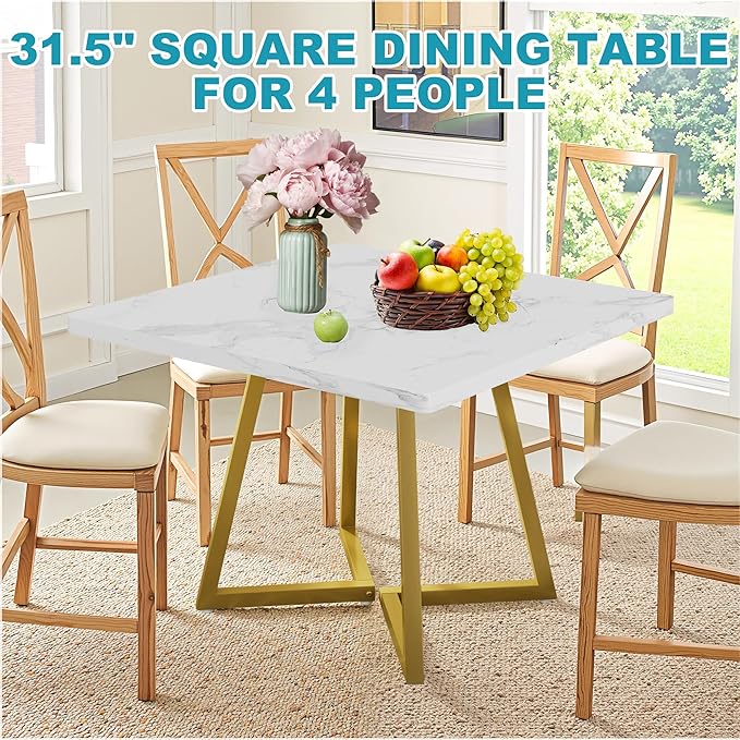 Square Dining Table for 2-4, 31.5" Small Dinner Table with Metal Frame Base Square Kitchen Tables for Dining Room, Kitchen, Living Room, White & Gold