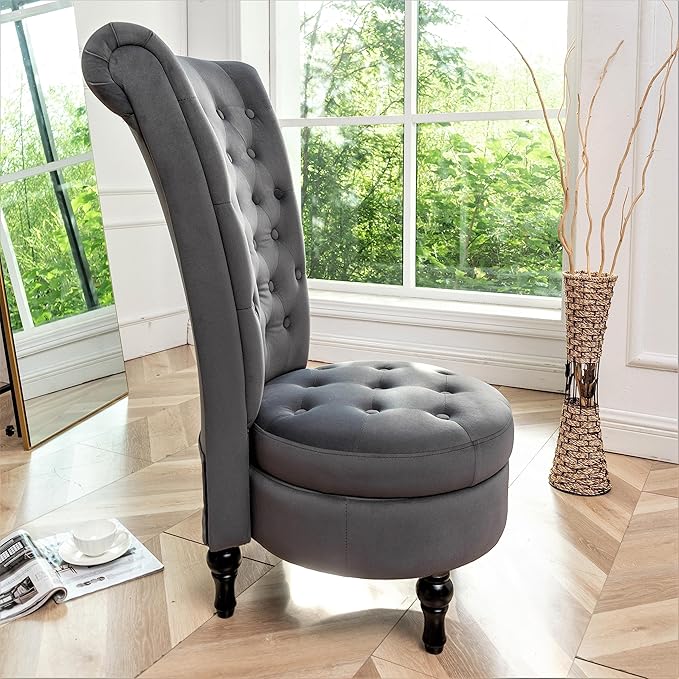 Container Furniture Direct Royal High-Back Velvet Accent Chair for Vanity with Storage and Luxurious Upholstery, Retro Design and Versatile Usage for Livingroom, Bedroom, Lounge and Office, Grey