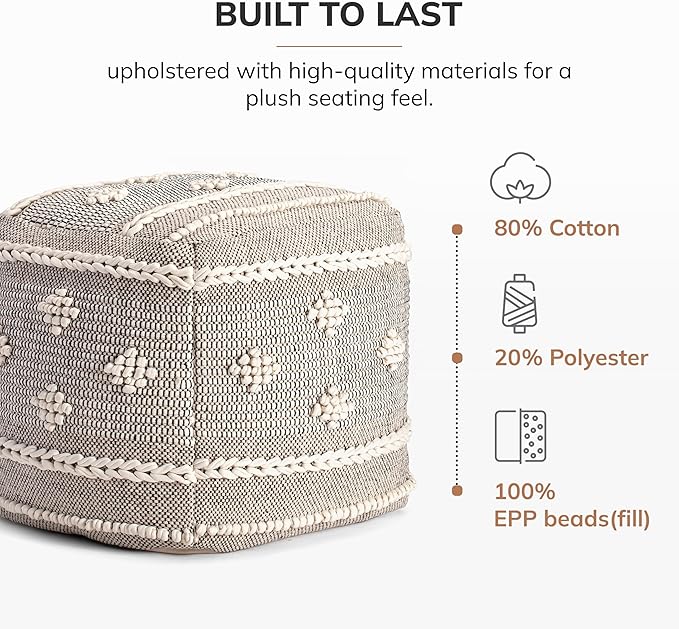 Anji Mountain 100% Handmade & Handcrafted Comfortable Home Décor Pouf Ottoman Footrest for Living Room, Bedroom, Nursery, Kidsroom, Patio Furniture - (20" x 20" x 20"- Black,Ivory)