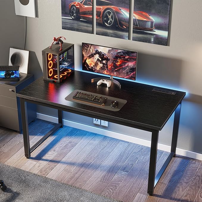 Huuger 48 x 24 inch Desk with Power Outlets & USB-C, Deeper & Thicker Desktop, Robust Metal Tubes, Computer Desk, Heavy Duty Office Desk, Work Gaming Desk for Home Office, Black