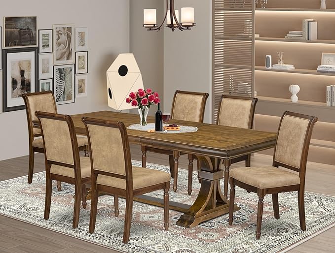LECY7-AWA-28 7-Piece Dining Table Set Includes a Kitchen Table and 6 Beige Polyester Fabric Dinner Chairs with High Back - Antique Walnut Finish