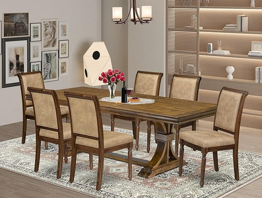 LECY7-AWA-28 7-Piece Dining Table Set Includes a Kitchen Table and 6 Beige Polyester Fabric Dinner Chairs with High Back - Antique Walnut Finish