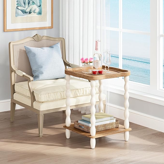 karlott End Table, 2-Tier Farmhouse Side Table, 18.9'' Handcrafted Weathered Wooden Nightstand Table, Pine Leg, Square Arc Small End Tables for Living Room, Small Space, Bedroom, Boho, Easy Assembly