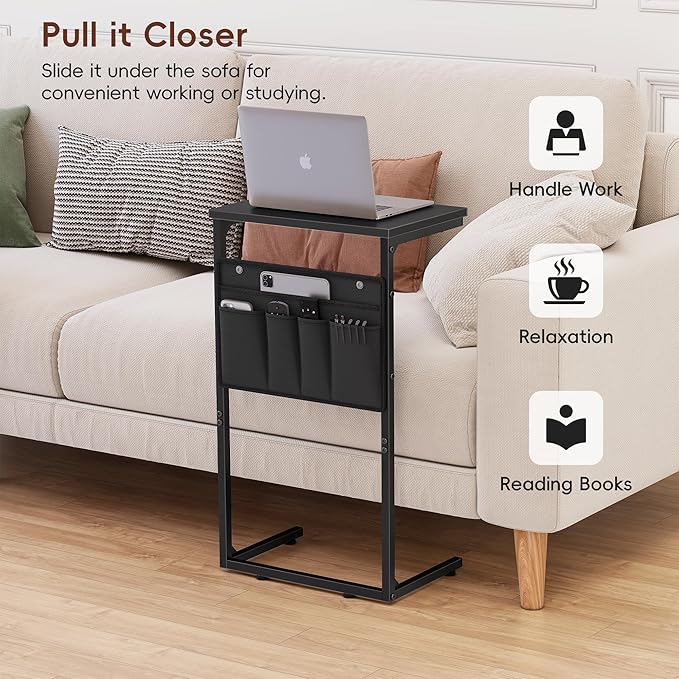 Vagusicc C Shaped End Table Set of 2, Tall Side Table for Sofa, Small Couch Side With Storage Bag, TV Tray for Small Spaces, Sturdy Slide Under Sofa With Metal Frame for Living Room