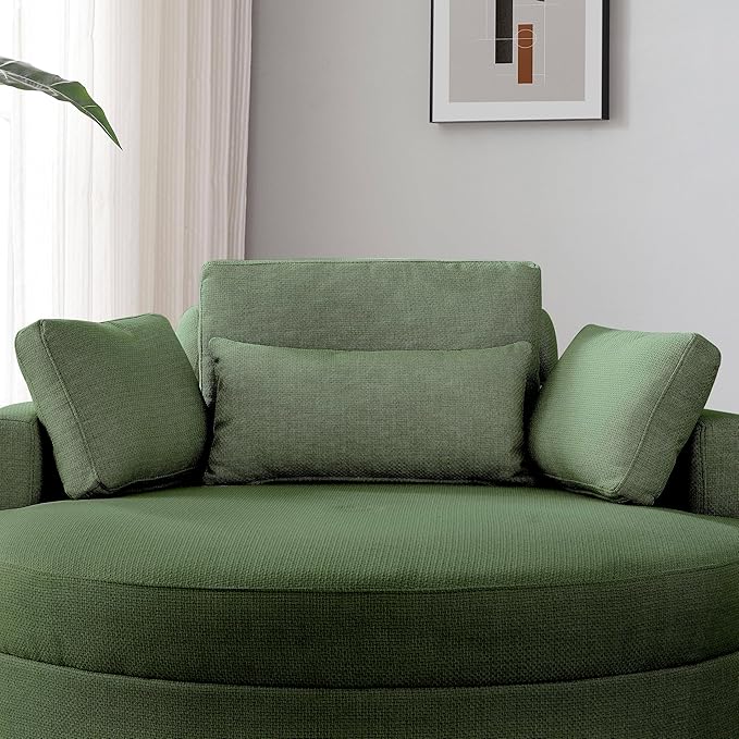 51.2'' Oversized Barrel Armchair with Storage Ottoman，Round Single Reading Upholstered Chairs,Recliner Sofa Chaise with 4 Movable Pillows for Living Room(Green+Linen)