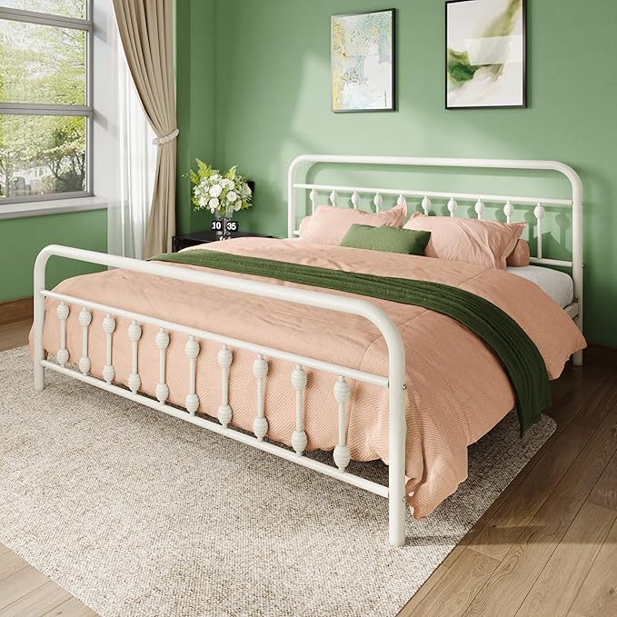 Allewie 14 Inches King Size Metal Platform Bed Frame with Victorian Style Iron-Art Headboard/Footboard, Mattress Foundation, Easy Assembly, Under Bed Storage, No Box Spring Required, White