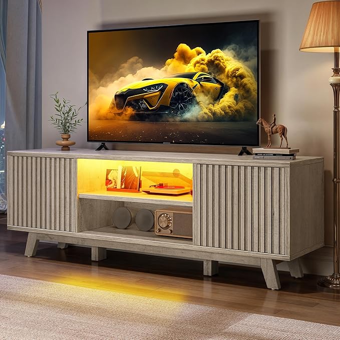 YITAHOME Television Stand for Living Room, Fluted TV Stand with LED Light for 65/55 Inch TV, Mid Century Modern Entertainment Center Media Console TV Cabinet with Adjustable Shelves, Light Oak