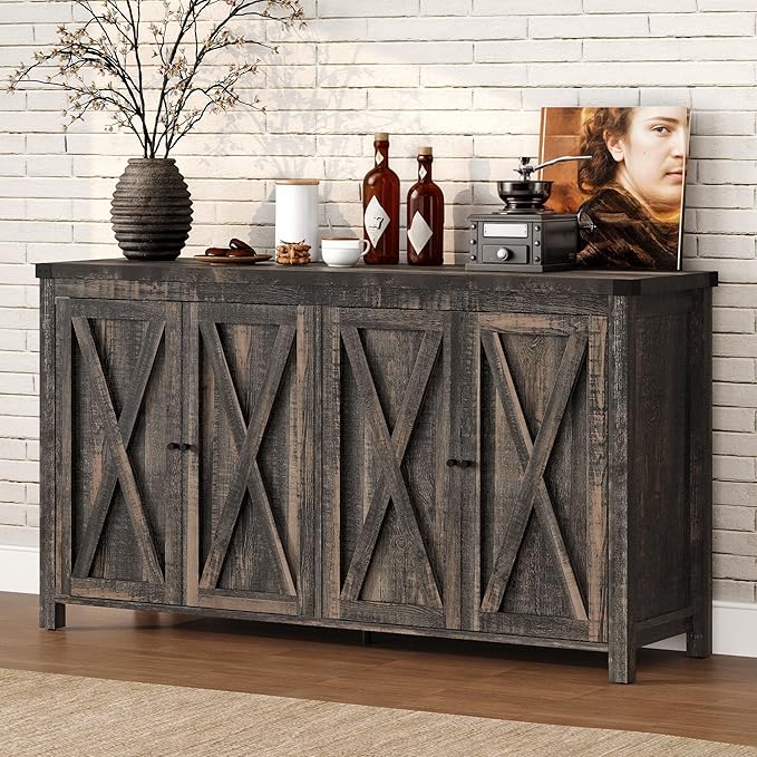 DWVO Buffet Cabinet with Storage, 55" Sideboard Buffet Storage Cabinet with Shelves and Doors, Farmhouse Coffee Bar Cabinets Kitchen Table for Kitchen, Dining Room, Dark Oak