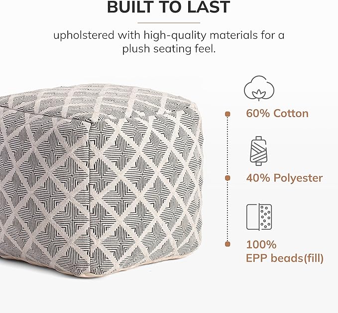 Anji Mountain 100% Handmade & Handcrafted Comfortable Home Décor Pouf Ottoman Footrest for Living Room, Bedroom, Nursery, Kidsroom, Patio Furniture - (20" x 20" x 20"- Black,Ivory)