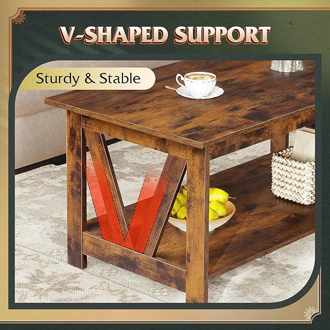 WLIVE Coffee Table with Storage Shelf, 39.4" Farmhouse Coffee Table with V-Frame Support, 2-Tier Wood Rustic Center Table for Living Room, Bedroom & Balcony, Rustic Brown