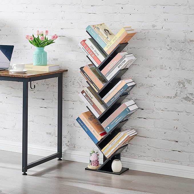 Hoctieon 10 Tier Tree Bookshelf, 10 Shelf Bookcase, Free Standing Tree Bookcase, Display Floor Standing Shelf for Books, Book Organizer Shelves for Home Office, Living Room, Bedroom, Black