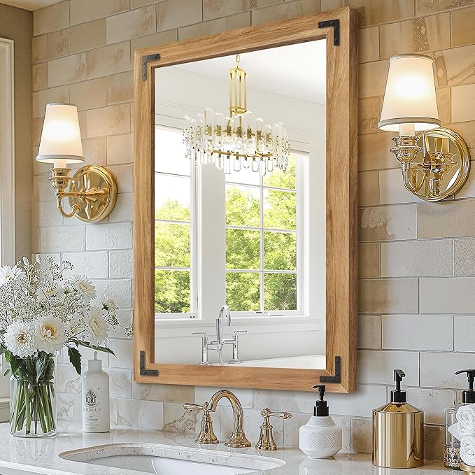 Bathroom Mirror for Wall with Wooden Frame, 36"x24" Solid Wood Vanity Mirror for Farmhouse, Bathroom, Bedroom Decor, Vertical or Horizontal Hanging