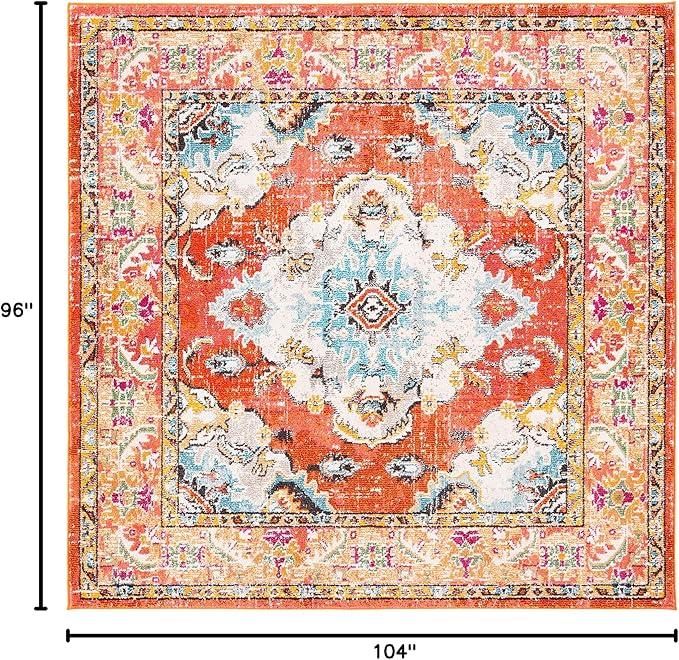 SAFAVIEH Monaco Collection Area Rug - 8'8" Square, Orange & Light Blue, Boho Chic Medallion Distressed Design, Non-Shedding & Easy Care, Ideal for High Traffic Areas in Living Room, Bedroom (MNC243H)
