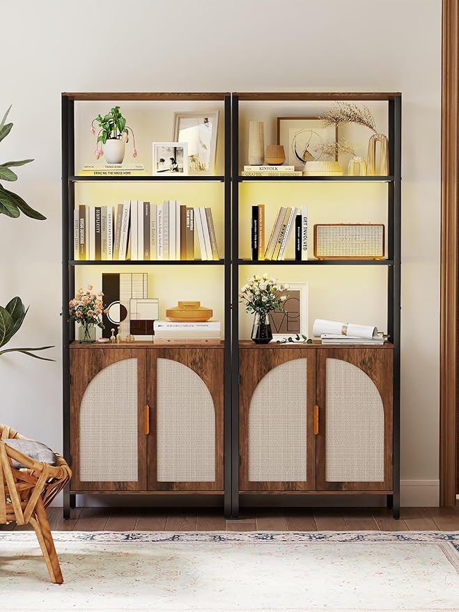 5 Tier Rattan Bookcase with Light 71" Tall Boho Bookshelf with Doors Large Bookcase with Adjustable Shelf Farmhouse Storage Cabinet Bookshelves for Living Room Bedroom Home Office Kitchen