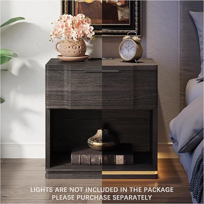 Nightstand with Charging Station, Wooden Curved Night Stand Bedside Table with Storage Shelf & Drawer, Large Mid Century Modern Accent End Table for Bedroom Living Room Office, Black and Gray