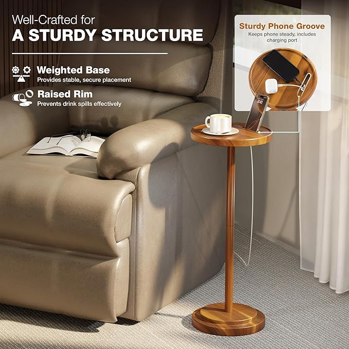 Drink Table, 24.4" Tall Compact Side Table with Phone Slot and Weighted Base, Durable Pedestal Table Accent for Living Room (Stepped Base, Acacia)