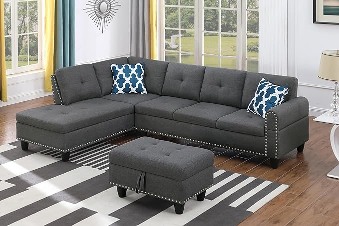 Evan Sectional Sofa or Couch with Ottoman for Living Room, Apartment, Bedroom, Office