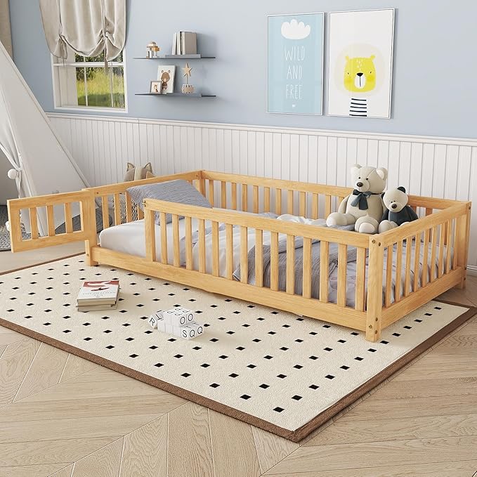 Twin Floor Bed Frame with Slats and Safety Guardrail, Wood Twin Size Montessori Floor Bed with Door and Fence, Easy Assemble Montessori Beds for Kids, Girls, Boys, Natural