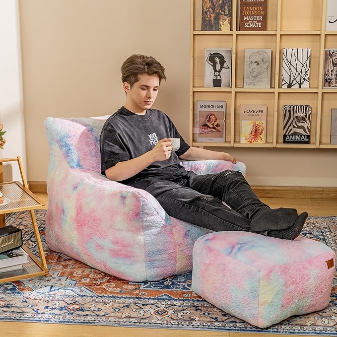Bean Bag Chair, Sherpa Accent Beanbag Chair and Ottoman Set, Fur Faux BeanBag Chair with Memory Foam Filled, Lazy Sofa Comfy Cozy BeanBag Chair for Dorm, Apartment, Living Room (Colorful)