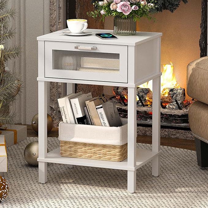 Nightstand Wooden Bedside Table with Drawer White Night Stands Modern Style Small End Table Side Table with Storage Shelf for Bedroom Living Room MLBZ10W