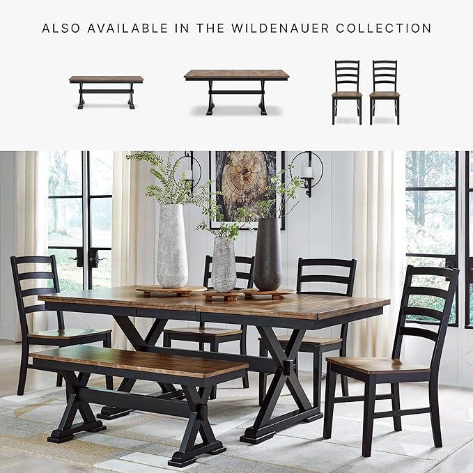 Signature Design by Ashley Wildenauer Farmhouse Dining Extension Table with Self-Storing Butterfly Leaf for 6-8 People, Black & Dark Brown