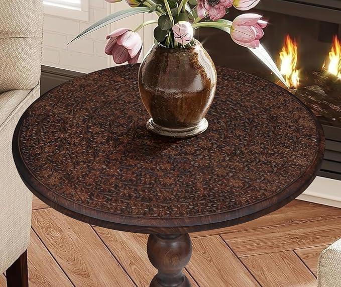 Side Tables Round – Small Drink Table for Small Spaces, Modern Accent Nightstand with Hand-Carved Top & Solid Wood Tables for Living Room, Bedroom, Office – Scorch Burnt Finish_18x22 Scorch Burnt