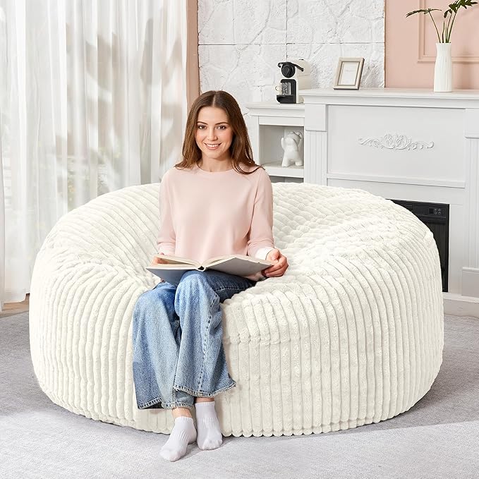 HABUTWAY 5FT Bean Bag Chair, 5' Large Bean Bag Chairs for Adults with Removable Stripe Plush Cover, Memory Foam Beanbag Chair for Living Room Bedroom Dorm (White)
