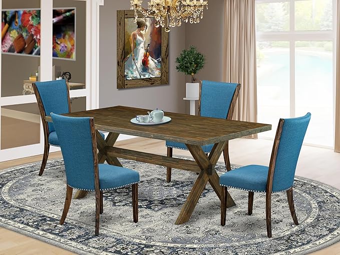 East West Furniture X777VE721-5 5 Piece Dining Table Set Includes a Rectangle Dining Room Table with X-Legs and 4 Blue Color Linen Fabric Parsons Chairs, 40x72 Inch, Multi-Color