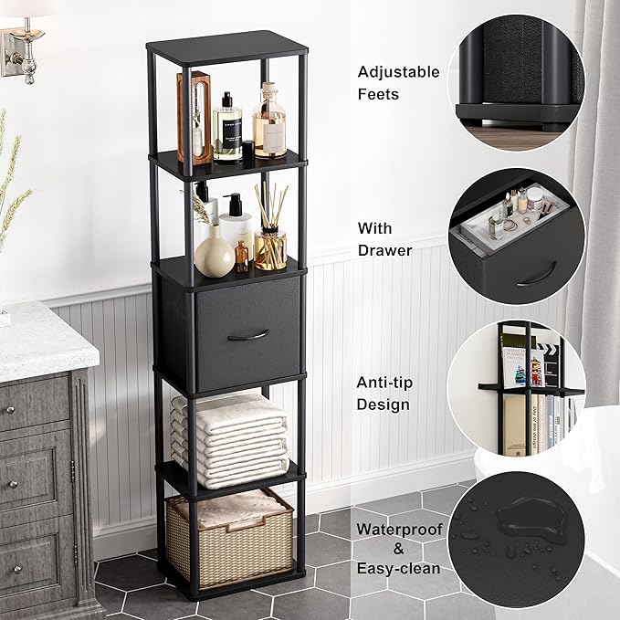 6-Tier Bookshelf with Drawer, Narrow Bookshelves Organizer, Floor Standing Ladder Shelf, Tall Bookcase for Small Space, Book shelf with Storage for Living Room, Bedroom, Office, Study Black HBC505B