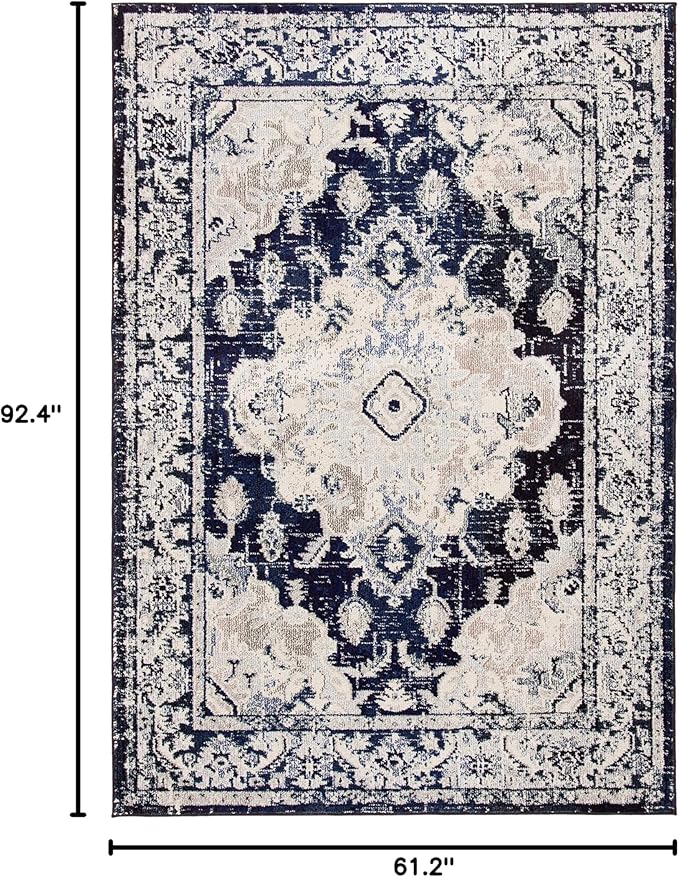 SAFAVIEH Monaco Collection Area Rug - 5'1" x 7'7", Ivory & Navy, Boho Chic Medallion Distressed Design, Non-Shedding & Easy Care, Ideal for High Traffic Areas in Living Room, Bedroom (MNC243C)