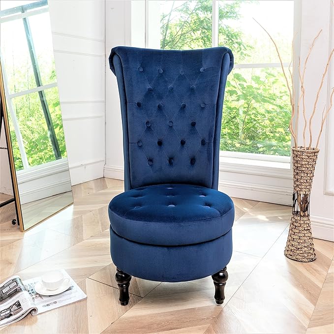 Container Furniture Direct Royal High-Back Velvet Accent Chair for Vanity with Storage and Luxurious Upholstery, Retro Design and Versatile Usage for Living Room, Bedroom, Lounge and Office, Dark Blue