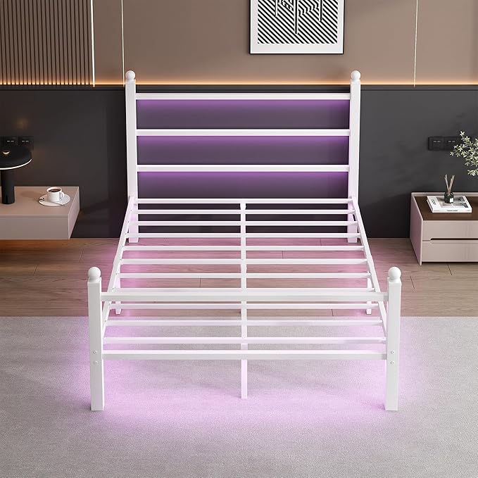 Full Size Bed Frame with Headboard and Footboard,Steel Slats Support-LED Bed Frame with USB Charging Station,Mattress Foundation-Under Bed Storage,No Box Spring Needed,Noise Free,White