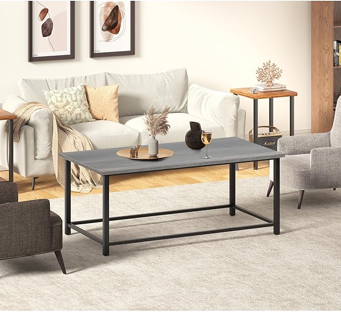 SENIG Modern Industrial Style Rectangular Coffee Table, Grey Wood and Sturdy Metal Side End Table, Rustic Accent Functional Coffee Table for Living Room. 39.3 x 20 x 16