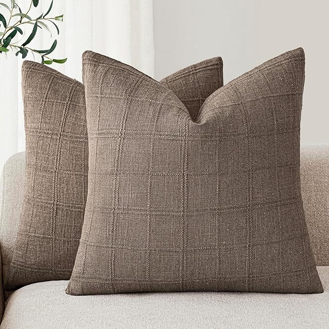 Foindtower Set of 2 Decorative Linen Check Throw Pillow Covers Neutral Farmhouse Vintage Cushion Covers Modern Boho Home Decor for Sofa Chair Couch Bedroom Living Room Outdoor,24×24 Inch,Taupe Grey