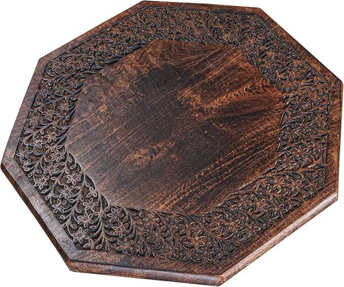 The Wooden Town Farmhouse Octagon Accent End Table, Rustic Side Table Nightstands for Living Room, Bedroom, Foldable Coffee Tables with Carving, Wood Tray Top, Handcrafted Finish, 24"x24"x18" - Burnt