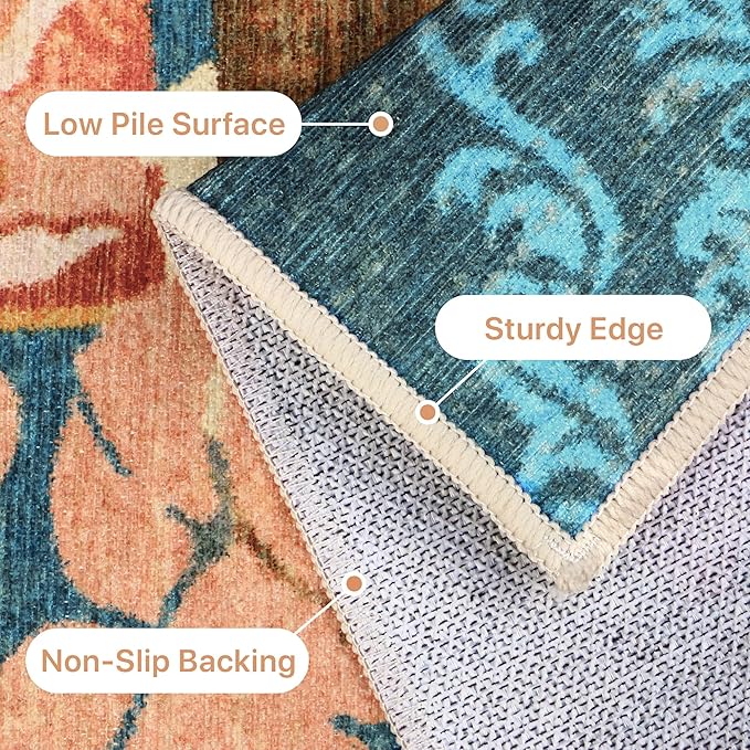 GENIMO Floral Runner Rug 2X6, Machine Washable Non Slip Vintage Patchwork Hallway Runner, Ultra-Thin Low Pile Runners for Indoor Entryway, Hallway, Kitchen and Corridor,Rose Red