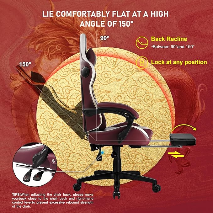 GTPLAYER Gaming Chair with Bluetooth Speakers and Footrest, Dragon Series Video Game Chair, Heavy Duty, Ergonomic, Esports Computer Office Chair, (RED)