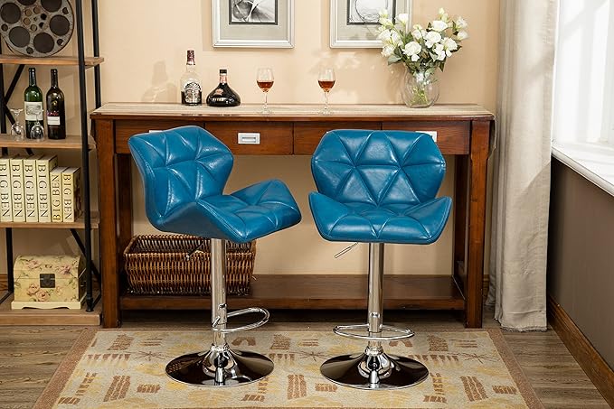 Roundhill Furniture Glasgow Contemporary Tufted Adjustable Height Hydraulic Blue Bar Stools, Set of 2,