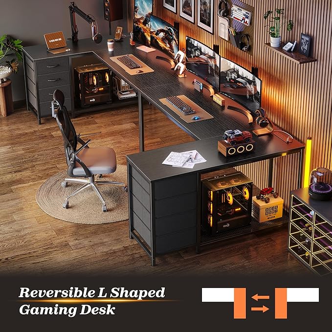 PRAISUN 53" L Shaped Desk with Power Outlets and USB-C Port, Reversible Computer Corner Office Desk with 4 Fabric Drawers and 2 Height-Adjustable Shelves, Large for Gaming Writing Work Study, Black