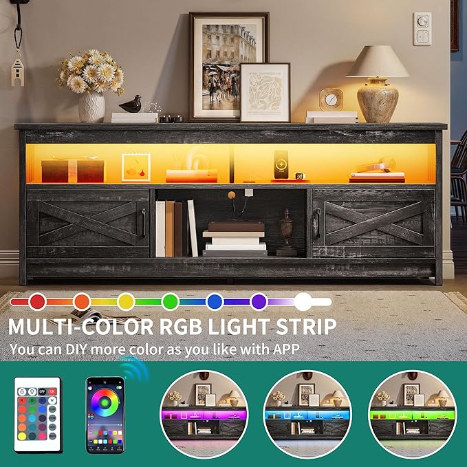 YITAHOME Farmhouse TV Stand for 65/75 Inch TV LED Entertainment Center Television Stand with Power Outlets and Open Shelf, Media Console TV Cabinet for Living Room, Dark Grey
